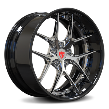 Custom forged 2-piece wheels for Maserati Granturismo, featuring a sleek black and chrome design.